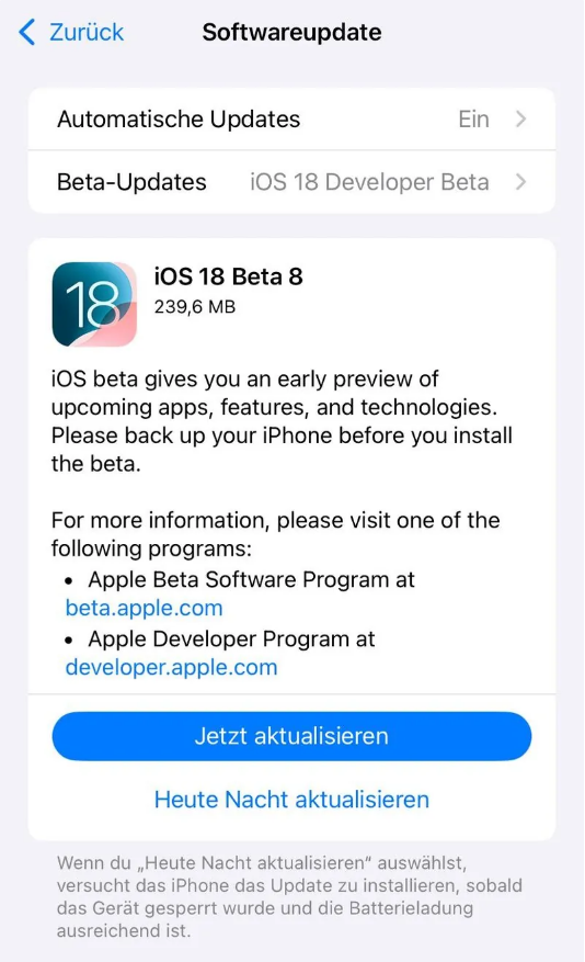 赛罕苹果手机维修分享苹果 iOS / iPadOS 18 开发者预览版 Beta 8 发布 